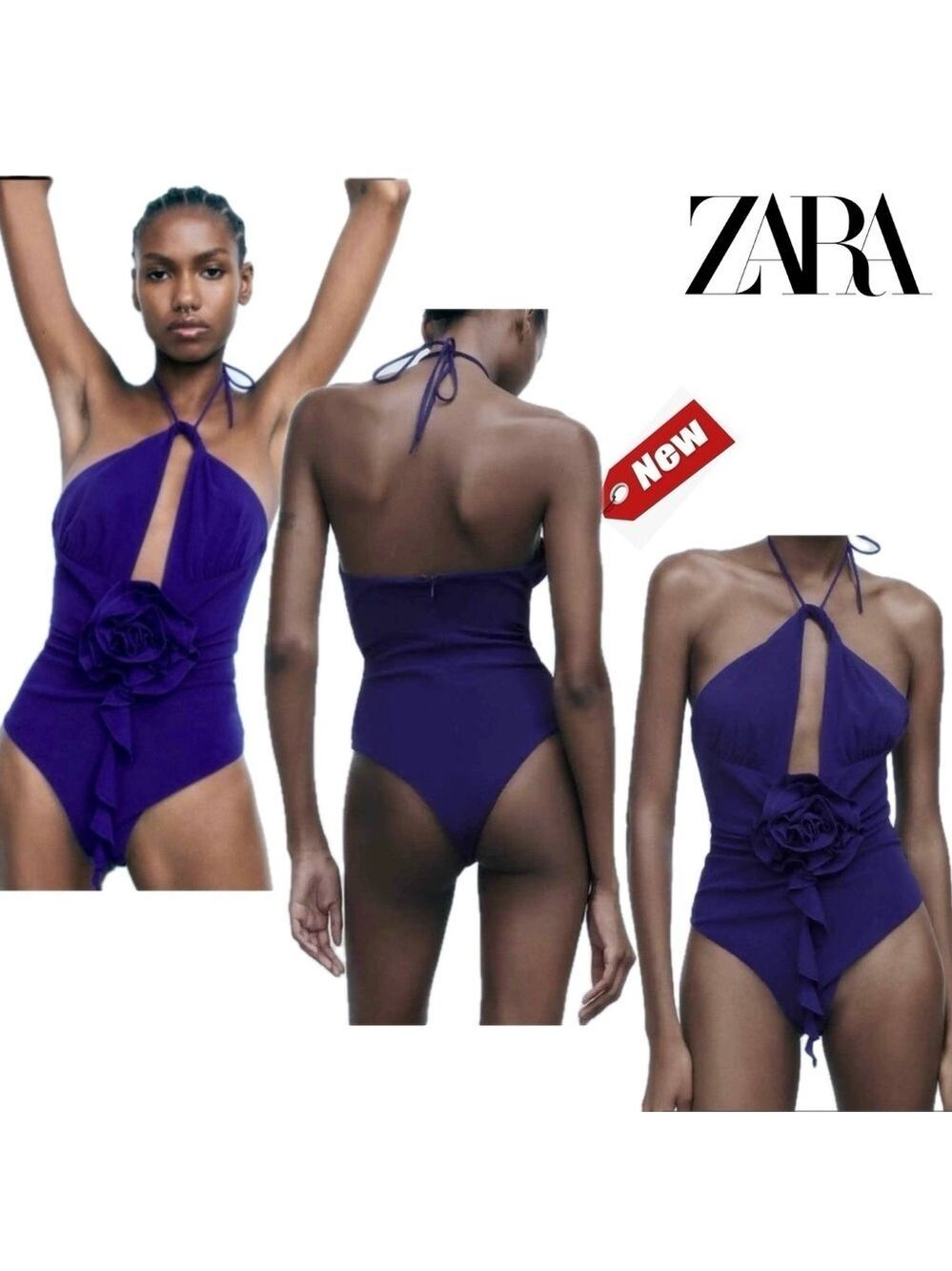 Zara blue 3-D flower halter top cut-out spaghetti strap bodysuit M NWT